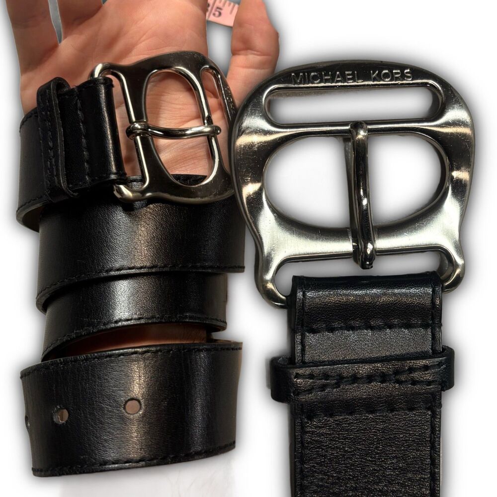 Michael Kors Black Leather Engraved Silver Buckle Belt